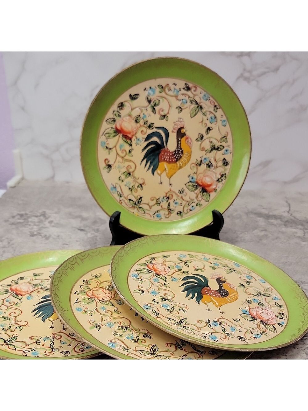 Vintage Four Isco Rooster Plates Trays Hand Painted Paper Mache